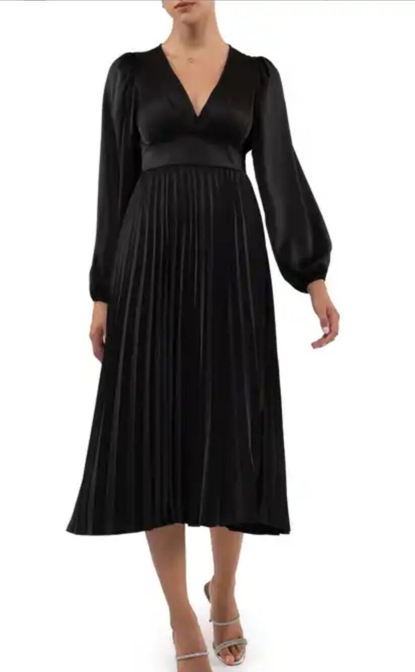 August Sky Midi Dress Pleated V-Neck Balloon Sleeve Elastic Waist Black W S NWOT